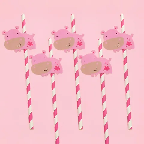 Creative Pink Hippo Cartoon Paper Straws Biodegradable Striped Drinking Straws For Cake Beverage Party Tableware Decor