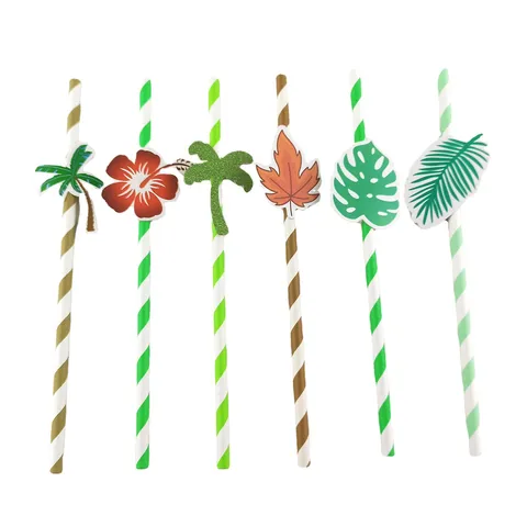Disposable Biodegradable Paper Straws With Tropical Plant Card Decorations Cocktail Juice Drinking Straws Party Supplies