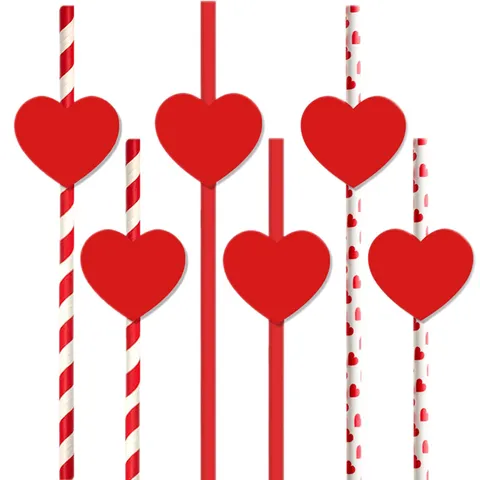 Disposable Biodegradable Paper Drinking Straws With Red Heart Decor Creative Party Baking Cake Topper Accessories Supplies