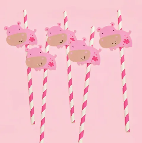 Creative Pink Hippo Cartoon Paper Straws Biodegradable Striped Drinking Straws For Cake Beverage Party Tableware Decor