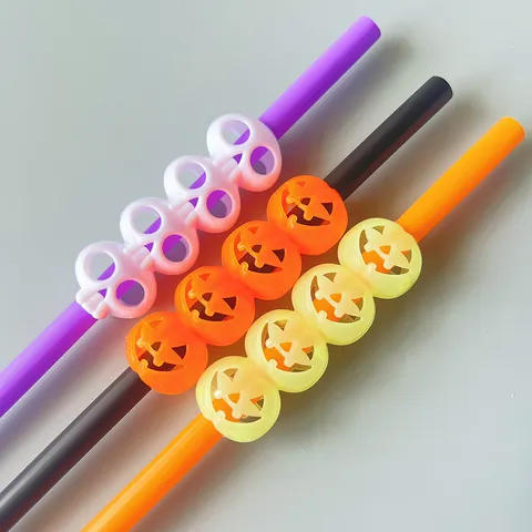 Halloween Plastic Drinking Straws Decorative Party Straws with Pumpkin and Skull Ornaments Spooky Holiday Drinkware