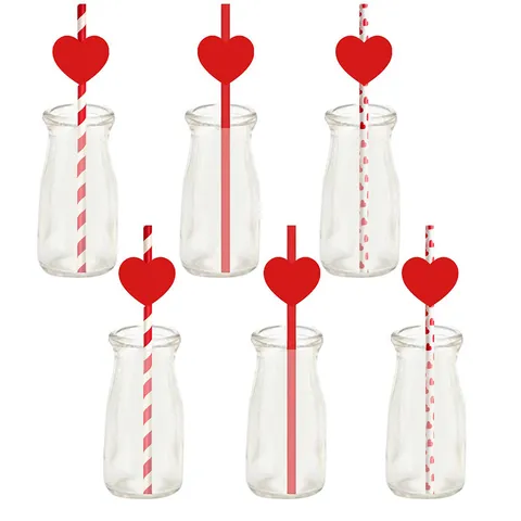 Disposable Biodegradable Paper Drinking Straws With Red Heart Decor Creative Party Baking Cake Topper Accessories Supplies