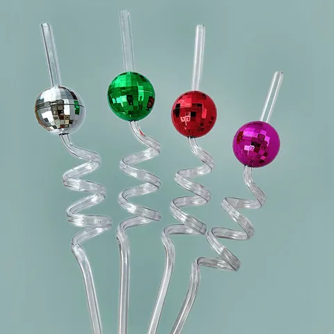 Creative PETG Plastic Drinking Straws With Mirror Disco Ball Colorful Spiral Design Reusable Party Drink Accessories