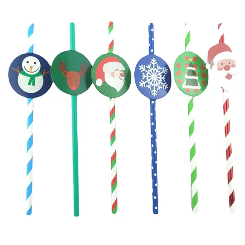 Christmas Paper Straws With Cartoon Santa Snowman Pendant Festive Drinkware Disposable Straws For Party Decor