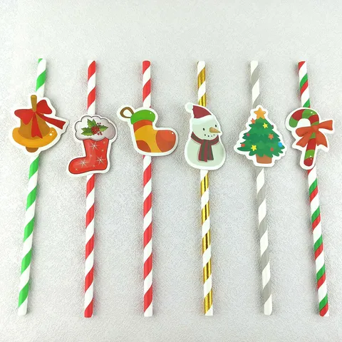 Christmas Paper Straws With Cartoon Santa Snowman Pendant Festive Drinkware Disposable Straws For Party Decor