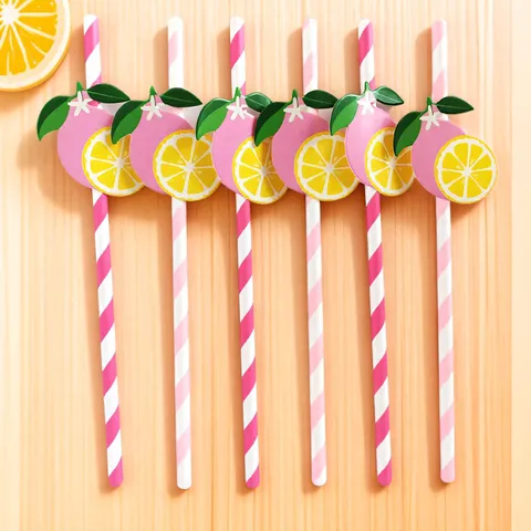 Disposable Paper Drinking Straws Fruit Lemon Theme Striped Juice Beverage Straws For Party And Daily Use
