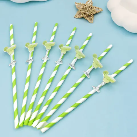 Creative Fruit Green Striped Disposable Paper Straws With Goblet Cocktail Card Cake Decoration For Carnival Party