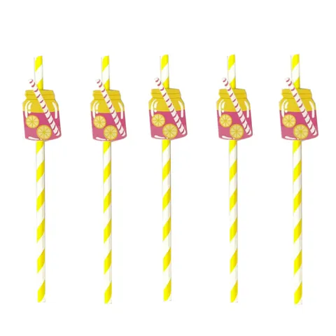 Creative Lemon Beverage Bottle Striped Disposable Paper Straws Summer Party Drinking Straws Supplies