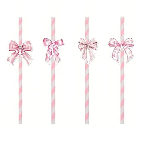 Eco Friendly Paper Drinking Straws With Pink Bow Disposable Biodegradable Straws For Party Daily Home Kitchen Drinkware