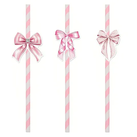 Eco Friendly Paper Drinking Straws With Pink Bow Disposable Biodegradable Straws For Party Daily Home Kitchen Drinkware