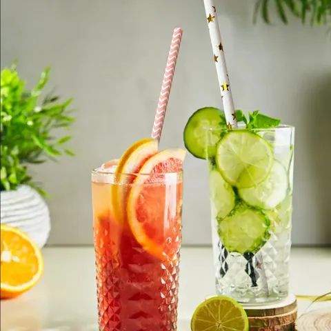 Disposable Biodegradable Paper Straws Pink Gold Foil Striped Star Wave Pattern Eco Friendly Drinking Straws For Party
