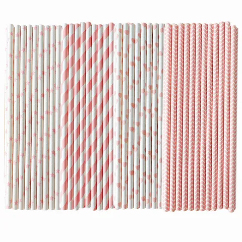 Disposable Paper Drinking Straws Pink Party Straws Heart Star Striped Wave Patterns Biodegradable Eco Friendly Drink Straws For Wedding Birthday Party Supplies