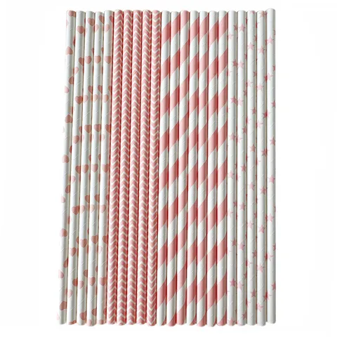 Disposable Paper Drinking Straws Pink Party Straws Heart Star Striped Wave Patterns Biodegradable Eco Friendly Drink Straws For Wedding Birthday Party Supplies