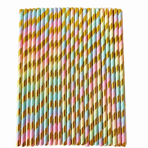 Colorful Gold Striped Paper Straws Disposable Biodegradable Drinking Straws For Birthday Party Wedding Desserts Table Decor