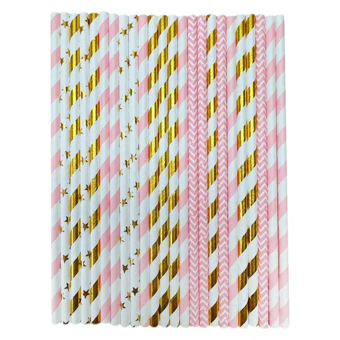 Disposable Biodegradable Paper Straws Pink Gold Foil Striped Star Wave Pattern Eco Friendly Drinking Straws For Party