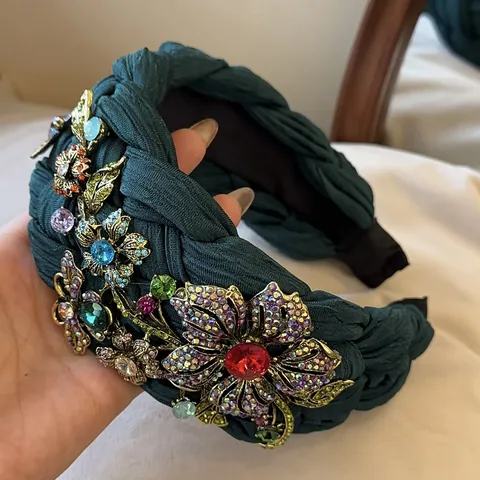Retro Barock Geflochtener Stoff Breiter Stirnband Bunte Strass Blumen Haarband Luxus Heavy Craft Kopfreif Für Damen Party Haarschmuck