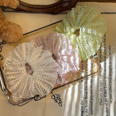 French Elegant Lace Mesh Scrunchie For Women Sweet Girly Fabric Hair Tie Large Ruffle Ponytail Holder Daily Hair Accessories