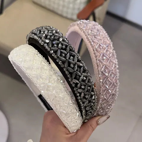 Baroque Retro Crystal Beaded Headband Padded Sponge High Top Hair Band Handmade Sparkly Hair Accessories For Women