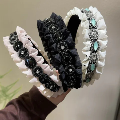 Vintage Ruffled Rhinestone Headband Korean Style Lettuce Edge Head Hoop Elegant Fabric Beaded Hair Band Accessory For Women