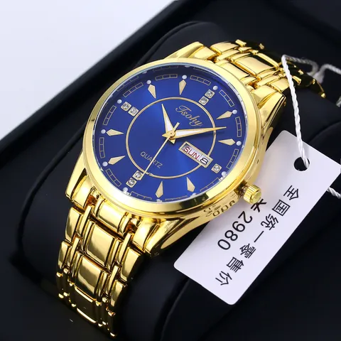 Tsohy Fashion Business Men Quartz Watch With Dual Calendar Waterproof Luminous Alloy Strap Luxurious Male Wristwatch