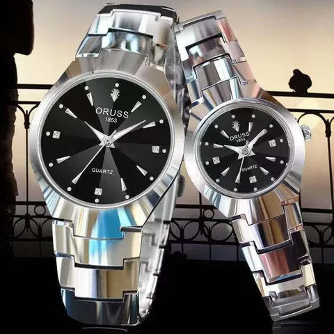 Orologi al Quarzo in Lega di Lusso per Coppie Marcatori Ora in Strass Vetro Minerale Giorno Data Cinturino in Acciaio