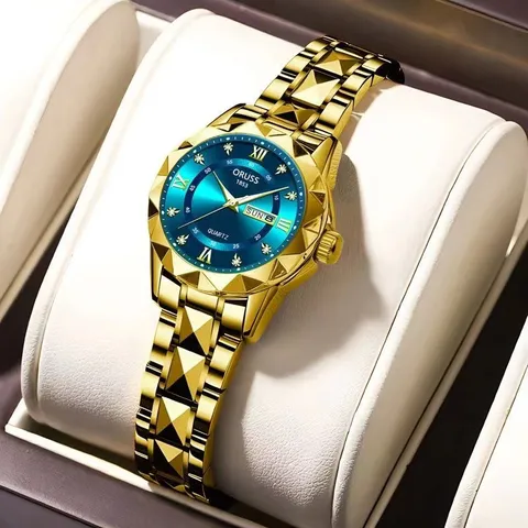Fashion Luxury Alloy Women Quartz Watch Rhombic Cutting Waterproof Dual Calendar Luminous Rhinestone Stainless Steel Buckle Ladies Wristwatch