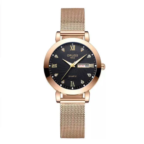 Fashion Casual Women Quartz Watch Alloy Stainless Steel Mesh Band Rhinestone Hour Markers Roman Numerals Day Date Dial Wrist Watch For Ladies Daily Commuting Accessories