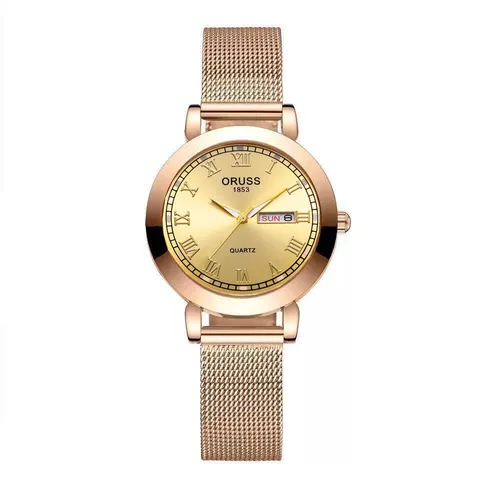 European Fashion Women Quartz Watch Roman Numerals Large Numbers Dial Luminous Waterproof Watch With Milanese Alloy Mesh Band Day Date Calendar Display
