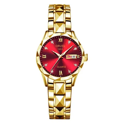 Fashion Stainless Steel Women Quartz Watch Rhinestone Geometric Faceted Waterproof Analog Luminous Dual Calendar Wristwatch For Lady Office