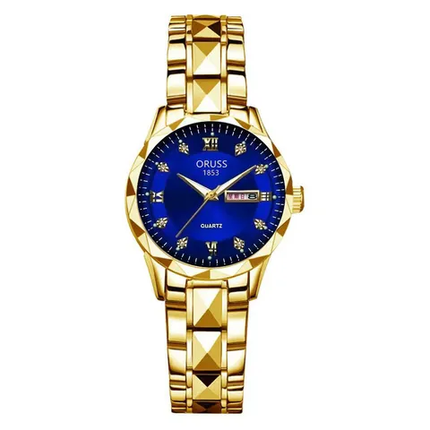 Fashion Stainless Steel Women Quartz Watch Rhinestone Geometric Faceted Waterproof Analog Luminous Dual Calendar Wristwatch For Lady Office