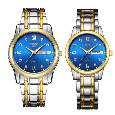 Reloj de Cuarzo de Pareja de Aleación Casual de Moda Conjunto Impermeable Esfera Redonda Números Romanos Strass Calendario Correa de Acero Reloj de Pulsera de Negocios