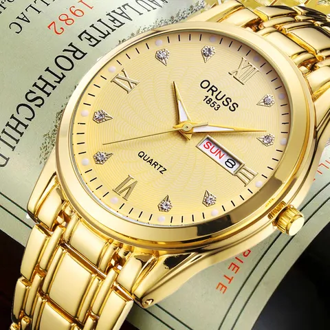ORUSS Men Business Quartz Watch Luminous Waterproof Calendar Day Date Rhinestone Roman Numerals Alloy Luxury Fashion Wristwatch