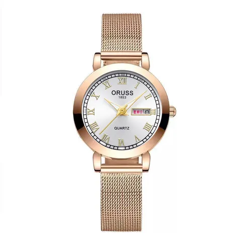 European Fashion Women Quartz Watch Roman Numerals Large Numbers Dial Luminous Waterproof Watch With Milanese Alloy Mesh Band Day Date Calendar Display
