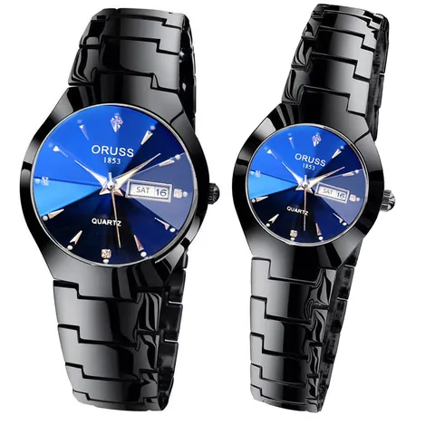 Montre de Poignet à Quartz Mode Business Décontracté pour Couple Lumineux Calendrier Affichage de la Semaine Boîtier en Alliage Acier Inoxydable Étanche Strass Chiffres Romains Cadran Rond Ensemble de Montres Assorties