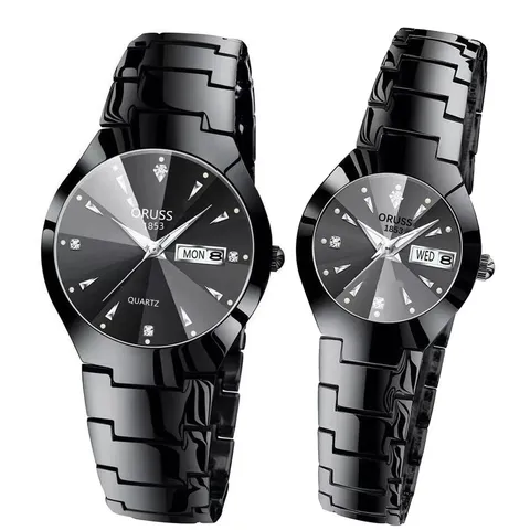 Montre de Poignet à Quartz Mode Business Décontracté pour Couple Lumineux Calendrier Affichage de la Semaine Boîtier en Alliage Acier Inoxydable Étanche Strass Chiffres Romains Cadran Rond Ensemble de Montres Assorties