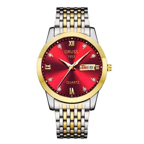 Montre à Quartz pour Hommes en Métal Alliage Affaires Cadran Rond Chiffres Romains Strass Calendrier Double Affichage Montre-Bracelet en Acier Inoxydable Résistant à l'Eau