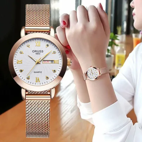 Fashion Casual Women Quartz Watch Alloy Stainless Steel Mesh Band Rhinestone Hour Markers Roman Numerals Day Date Dial Wrist Watch For Ladies Daily Commuting Accessories