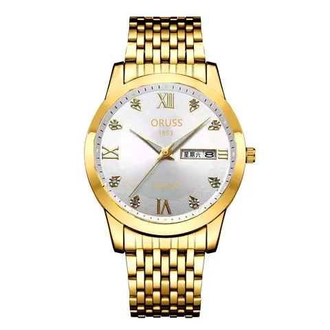 Montre à Quartz pour Hommes en Métal Alliage Affaires Cadran Rond Chiffres Romains Strass Calendrier Double Affichage Montre-Bracelet en Acier Inoxydable Résistant à l'Eau
