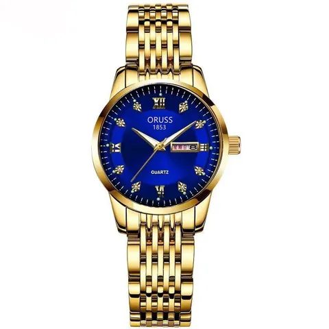 Elegant Stainless Steel Quartz Watch For Women Luminous Waterproof Dual Calendar Roman Numeral Rhinestone Dial Zinc Alloy Strap Wristwatch Business Office Lady Watch