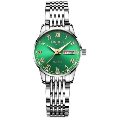 Women Quartz Watch Business Dual Calendar Waterproof Luminous Roman Numerals Round Alloy Steel Band Ladies Wristwatch Gift