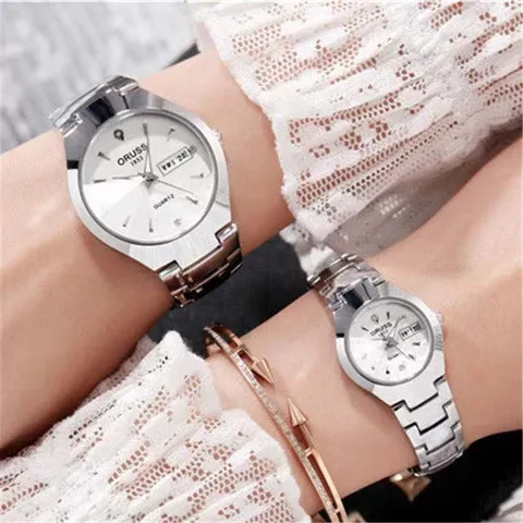 Orologi al Quarzo in Lega di Lusso per Coppie Marcatori Ora in Strass Vetro Minerale Giorno Data Cinturino in Acciaio