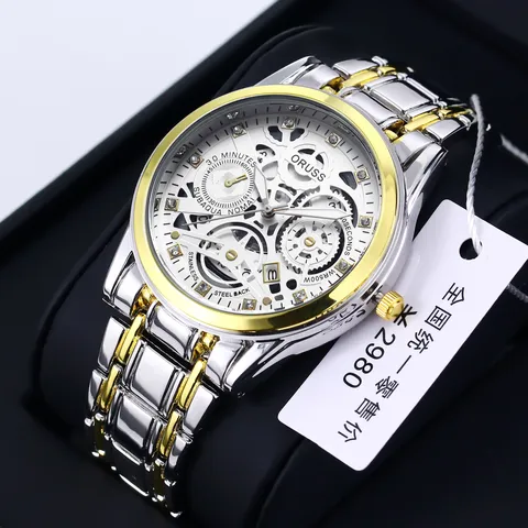 Men Business Casual Quartz Watch Luxury Hollow Round Dial Rhinestone Markers Alloy Metal Link Strap Wristwatch Luminous Hands Calendar Date Week Waterproof Clock