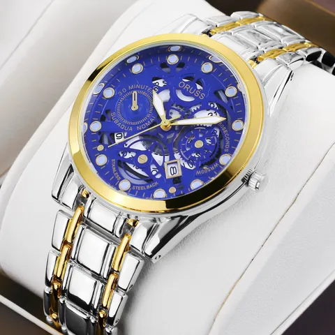 Montre à Quartz de Luxe Affaires pour Hommes Mode Cadran Rond Squelette Aiguille Calendrier Montre-Bracelet Avec Bracelet en Alliage Métal Cadeau