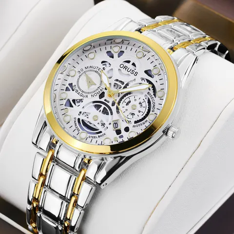 Montre à Quartz de Luxe Affaires pour Hommes Mode Cadran Rond Squelette Aiguille Calendrier Montre-Bracelet Avec Bracelet en Alliage Métal Cadeau