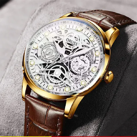 Fashion Analog Men Watch Flat Top Conical Crown Full Skeleton Luminous Waterproof Calendar Business Round Quartz Pointer Dress Watch For Men