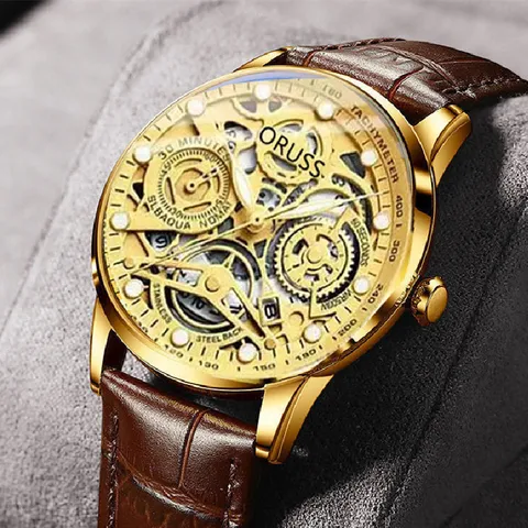Fashion Analog Men Watch Flat Top Conical Crown Full Skeleton Luminous Waterproof Calendar Business Round Quartz Pointer Dress Watch For Men