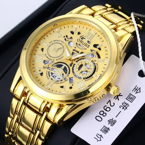 Luxury Men Business Quartz Watch Stainless Steel Waterproof Wristwatch Rhinestone Calendar Roman Numerals Hollow Perspective Round Dial Steel Band Men Watch Gift