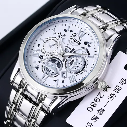 Luxury Men Business Quartz Watch Stainless Steel Waterproof Wristwatch Rhinestone Calendar Roman Numerals Hollow Perspective Round Dial Steel Band Men Watch Gift