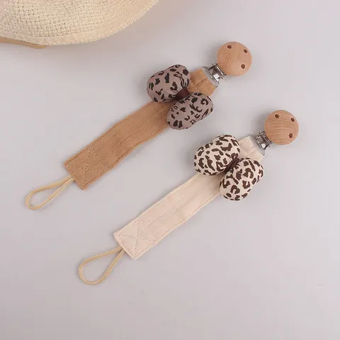 Leopard Print Bowknot Baby Pacifier Clip Silicone Anti-Drop Toy Holder Strap Wooden Clasp Infants Toddlers Toy Accessories Strap