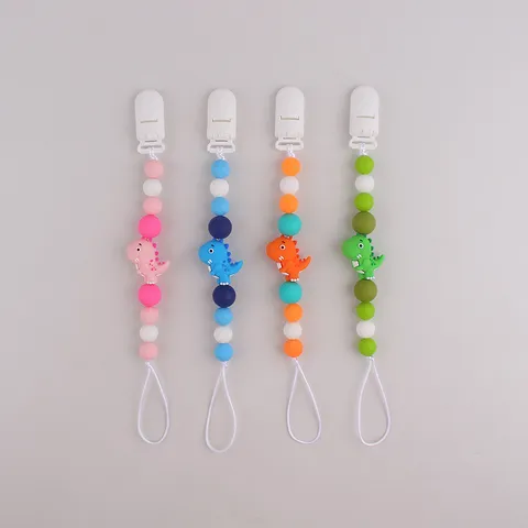 Cute Dinosaur Food Grade Silicone Beads Baby Pacifier Clip Anti-Drop Chain Soft Toy Holder Dummy Strap For Infants Toddlers Daily Use